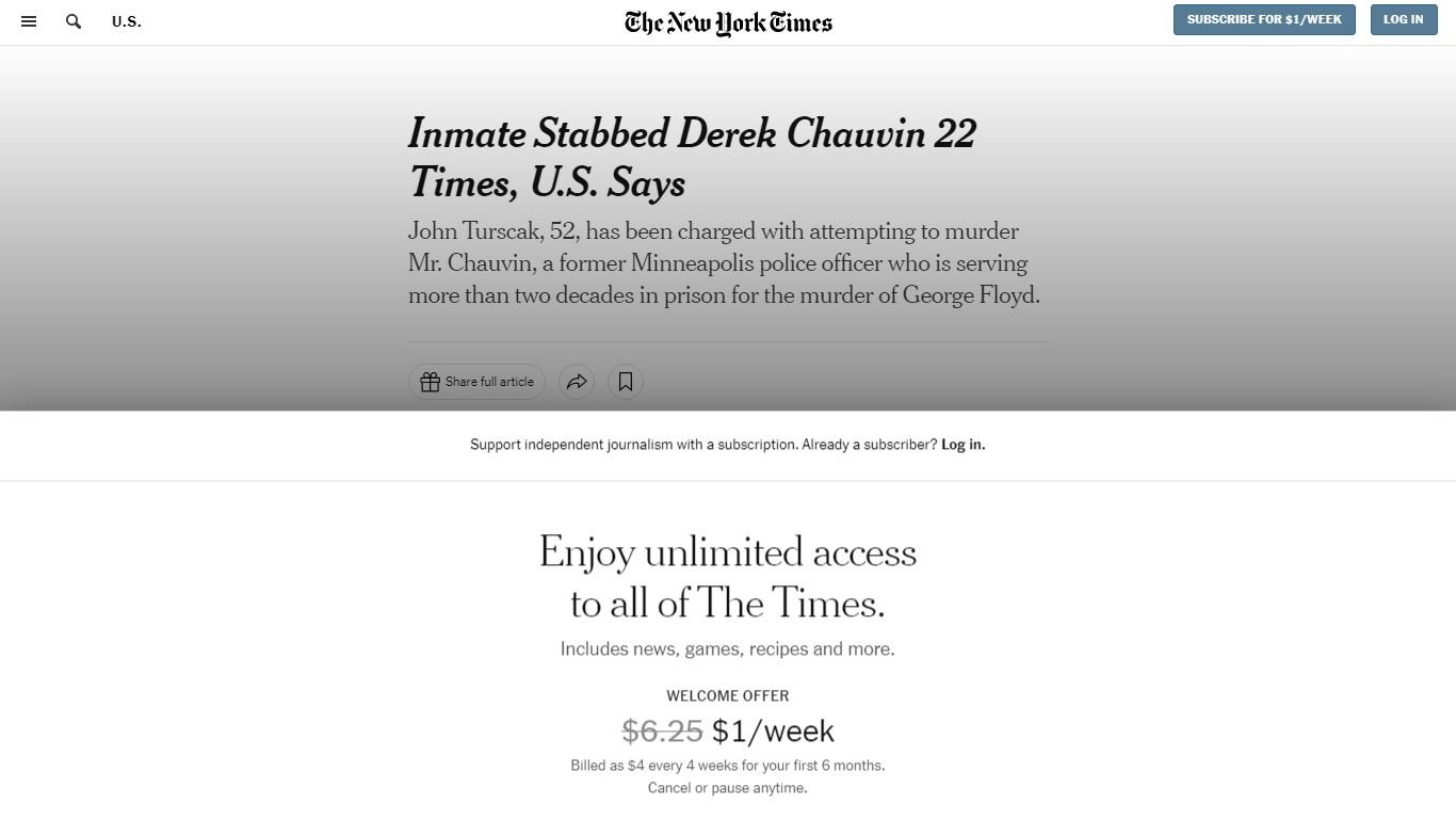 Inmate Stabbed Derek Chauvin 22 Times, U.S. Says